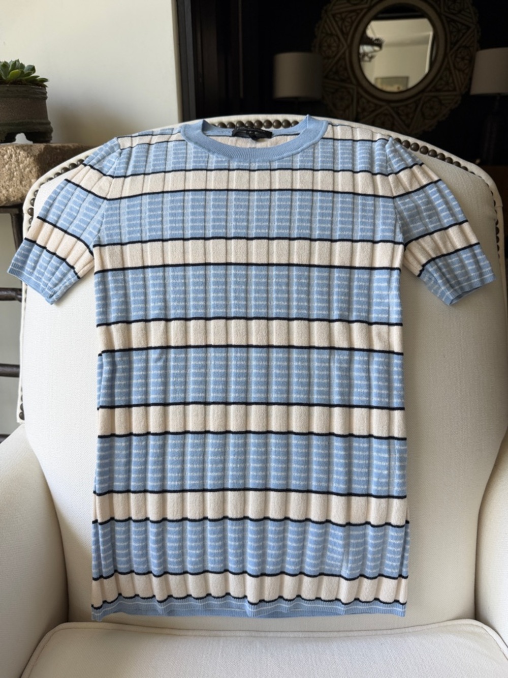 Light Blue and Cream Striped Rib Knit Tee